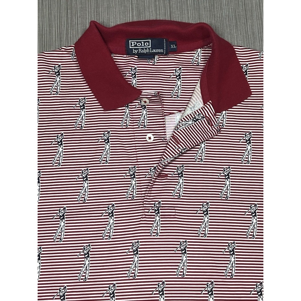 Vintage Polo Ralph Lauren Mens XL Red Striped AOP Golfer Short Sleeve Cotton